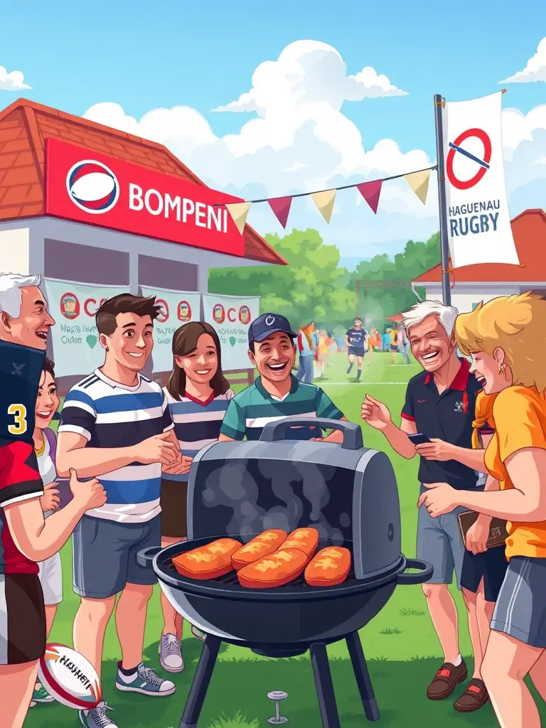 A group photo of Haguenau Rugby Club members and local community members participating in a club-organized community event, such as a fundraising barbecue or a rugby clinic for local schools.