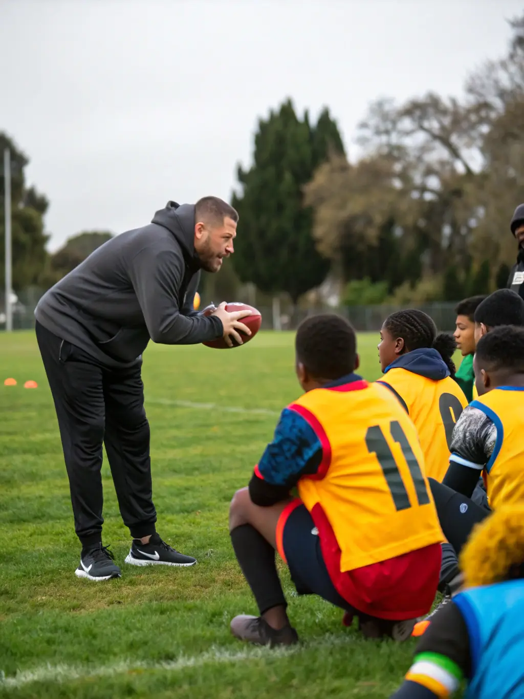 A photograph of Haguenau Rugby Club coaches leading a training session for adult players, focusing on advanced techniques and strategies, with the club's facilities and equipment visible in the background.