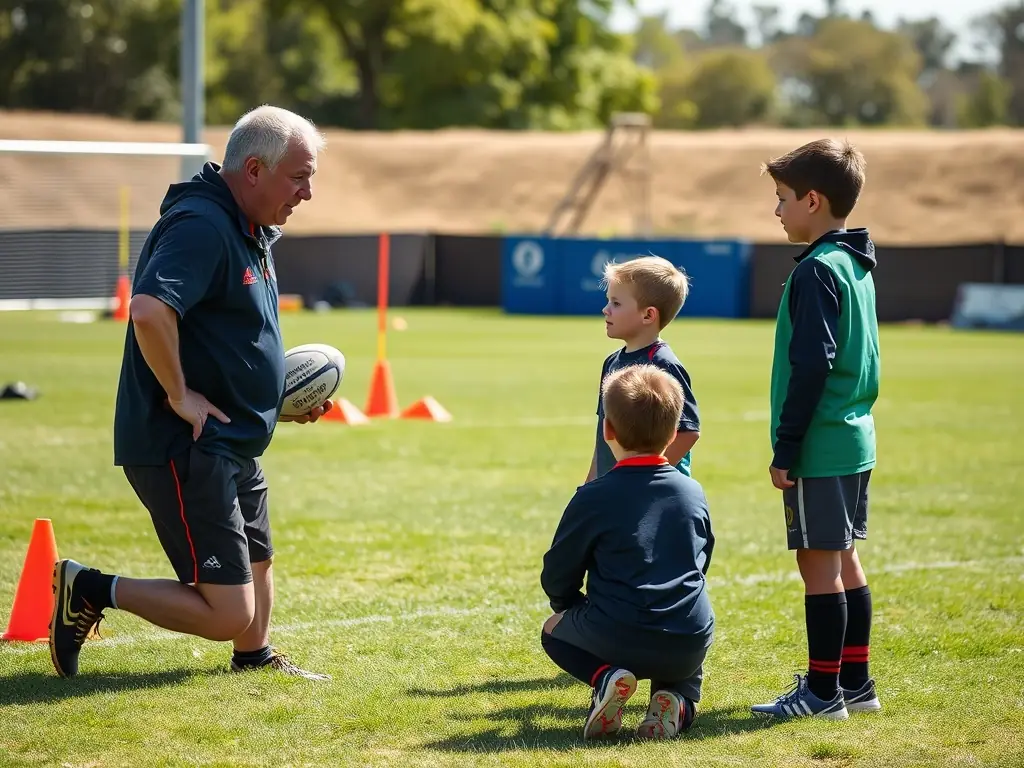 A dynamic image of young children participating in a rugby training session, showcasing their enthusiasm and engagement with the sport.