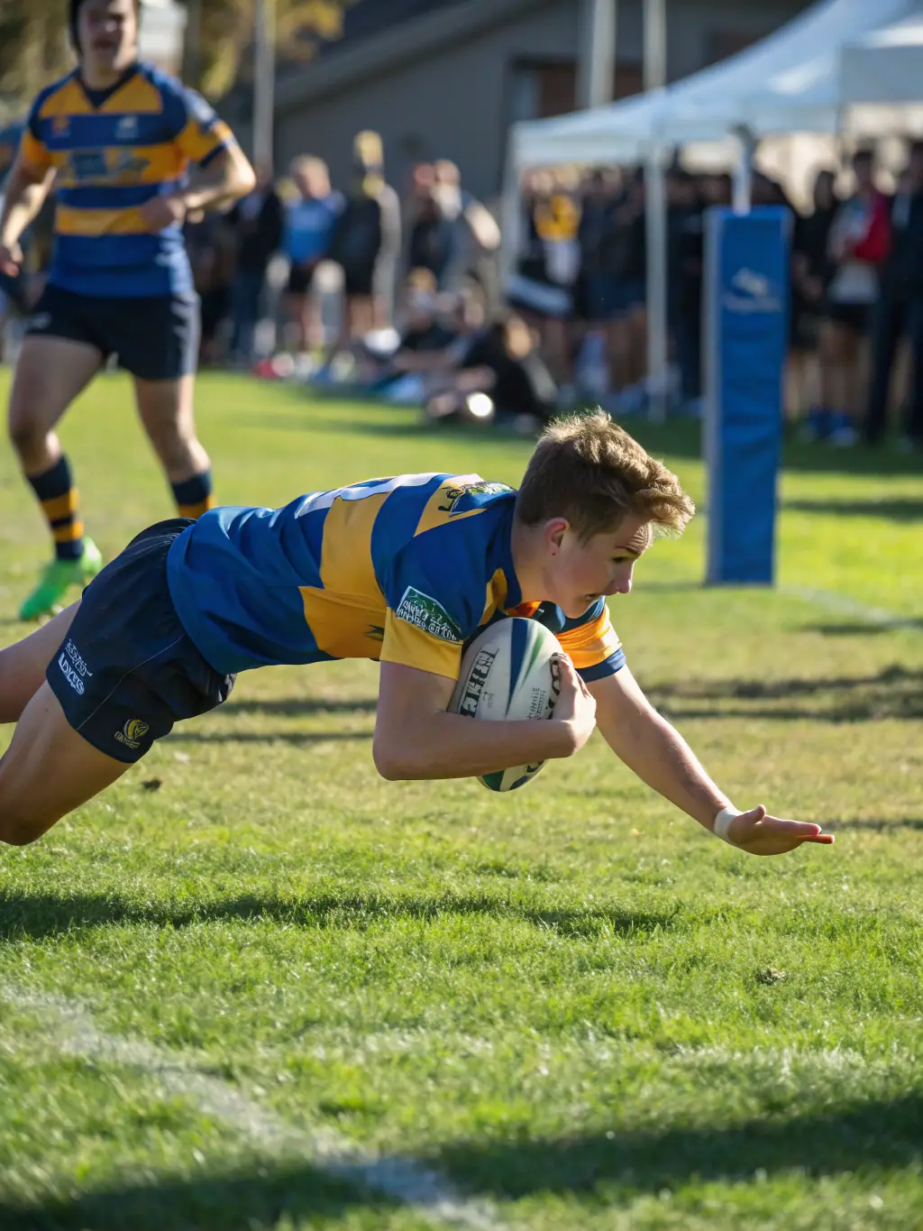 An action shot of a Haguenau Rugby Club team competing in a Fédérale 3 match, showcasing the intensity and sportsmanship of the game, with the club's colors prominently displayed.