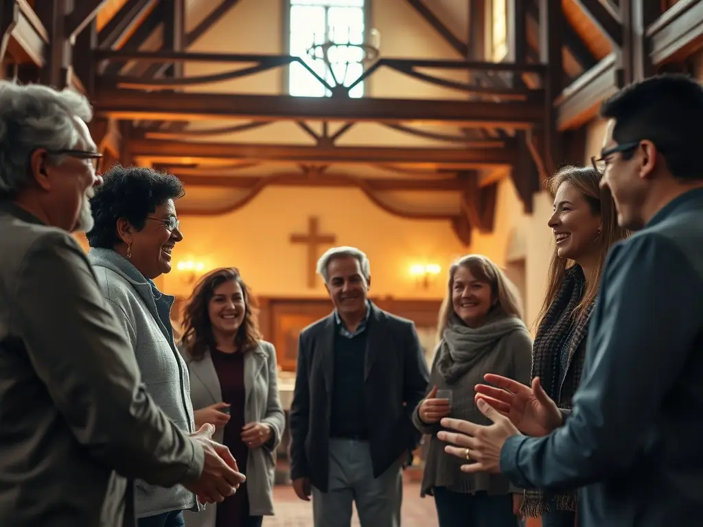 A vibrant image depicting a group of young adults participating in an interactive workshop, discussing civic responsibilities and secular values, set in a modern, well-lit community center.
