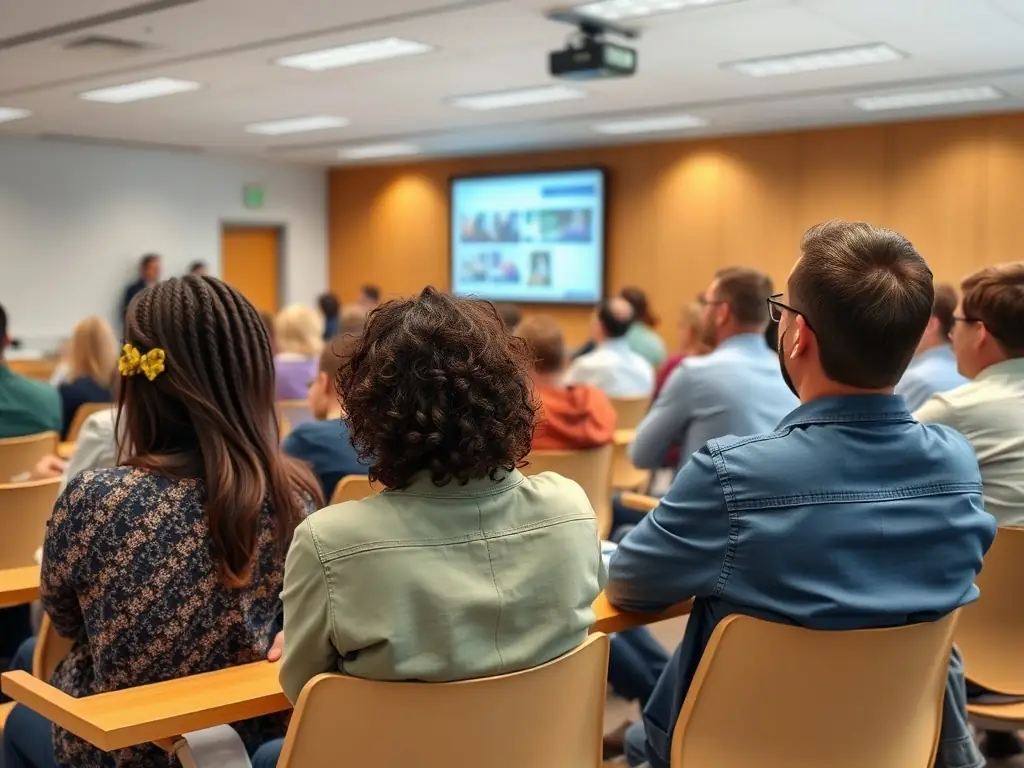 A photograph showcasing a community seminar with diverse participants actively listening to a speaker discussing educational reforms and secular principles.