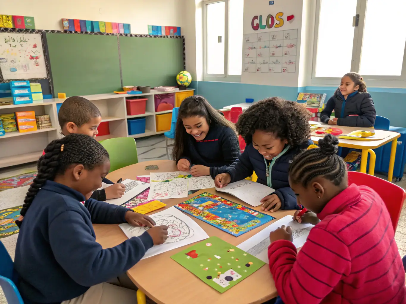 An image of a group of children participating in a hands-on educational activity, learning about secular values through interactive games and storytelling.