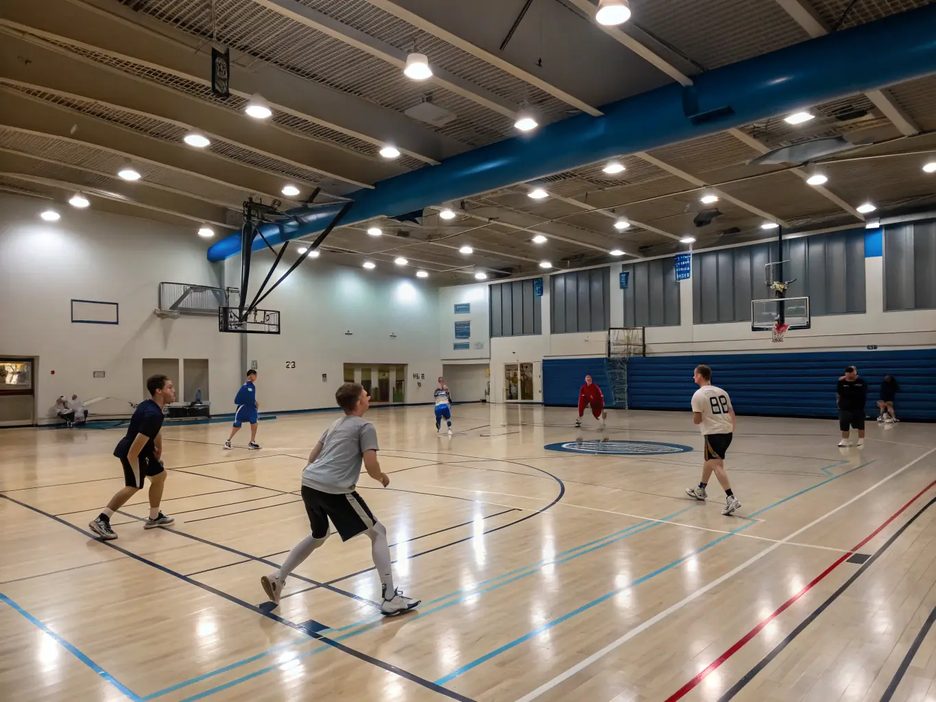 A dynamic shot of students playing basketball in the Efrei Paris gymnasium, showcasing teamwork and athletic spirit.